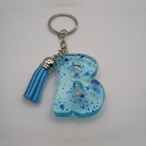 Handmade Blue Glitter Resin Letter B Initial Keychain with Tassel Accessories